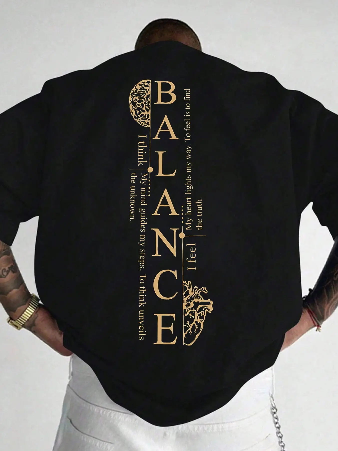 Men's Casual Streetwear Fitted Long Short Sleeve T-Shirt, Back Letter Print, Brain Heart Graphic Pattern, Comfortable Soft Fabric, All Seasons