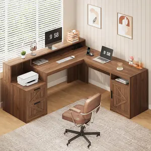 63" Farmhouse L Shaped Executive Desk with Drawers & Storage Shelf, Corner Computer Desk with Power Outlets, L Shaped Office Desk with Monitor Stand, Printer Shelf