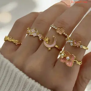 4‑Piece Gold Alloy Flower Ring Set Rhinestone And Pearl Inlaid European‑Style Cross‑Border Fashion Jewelry For Women