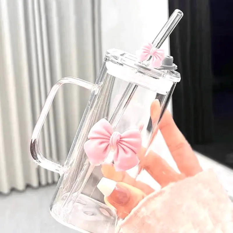 Glass Cup with Lid and Straw 1pc , ins style bow decor , Drinking Glasses Tumbler Iced Coffee Cup Portable Transparent Drinkware
