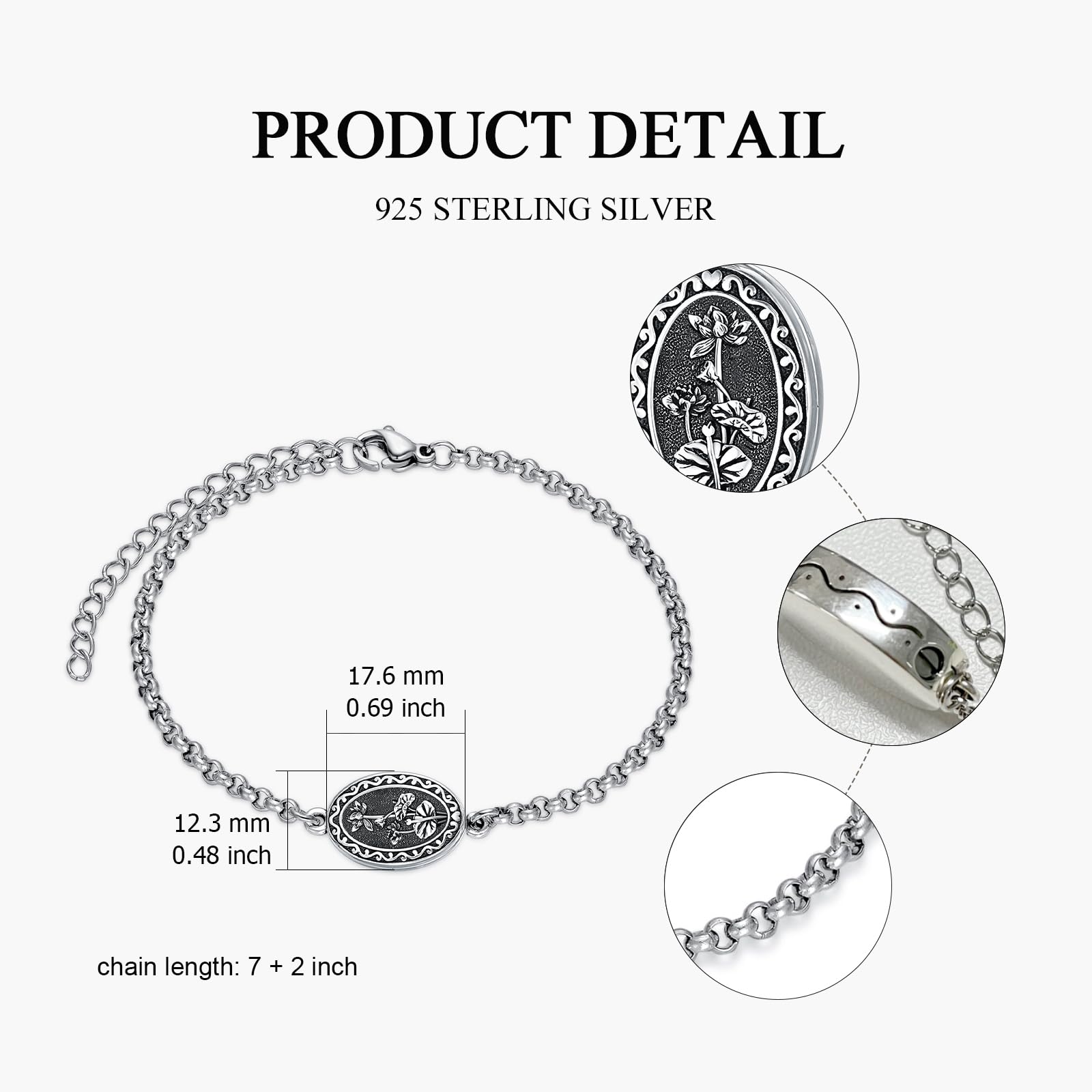 MEIDERBO Dream Chaser Birth Flower Urn Bracelet 925 Sterling Silver July Lotus Pendant Holds Ashes Bella Chain Stainless Steel Bead Chain 7+2 Inch