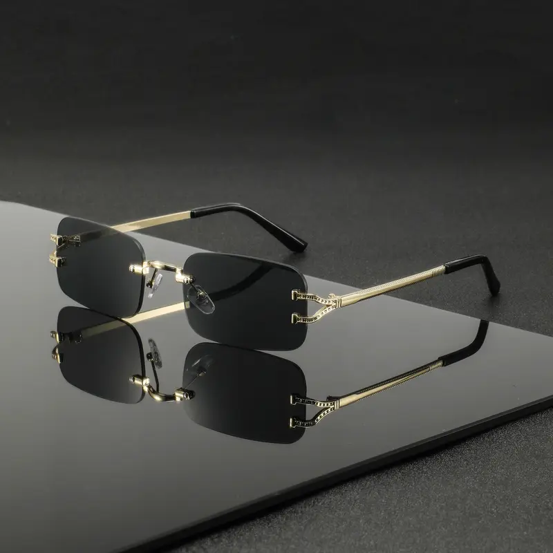 Men's Rectangular Sunglasses Frameless Y-Leg Glasses, Classic Vintage Style, Metal Frame PC Lens, Fashion Casual Eyewear for Streetwear Parties, Classic Shades, Stylish Shades