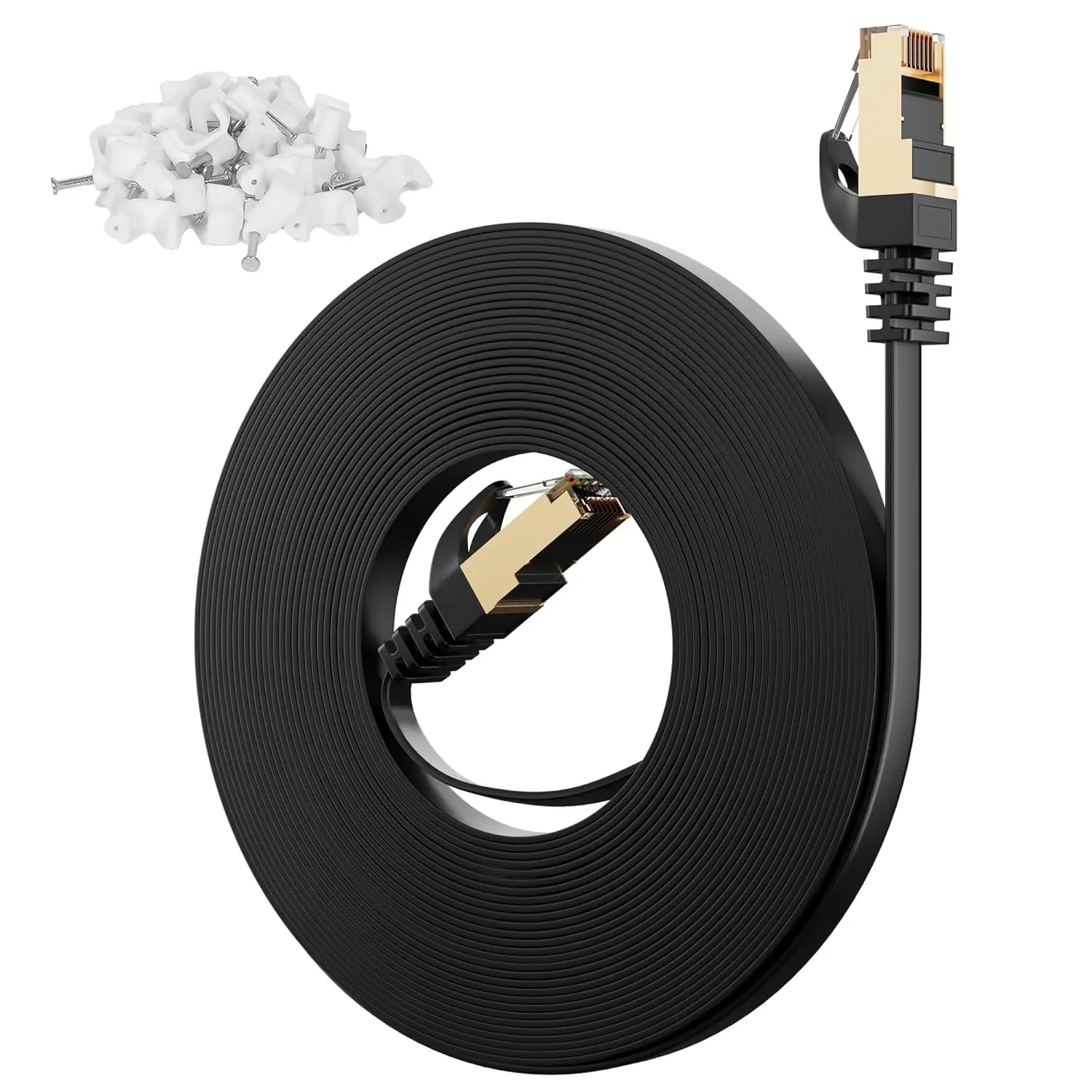 7 Flat Outdoor Ethernet  10 Ft-Black, High-Speed Shielded Internet Network , S/FTP, POE, 10Gbps 600MHZ Thin  6E 6A Patch LAN Cord, LLDPE, Direct Burial for Fast Gaming +Clips