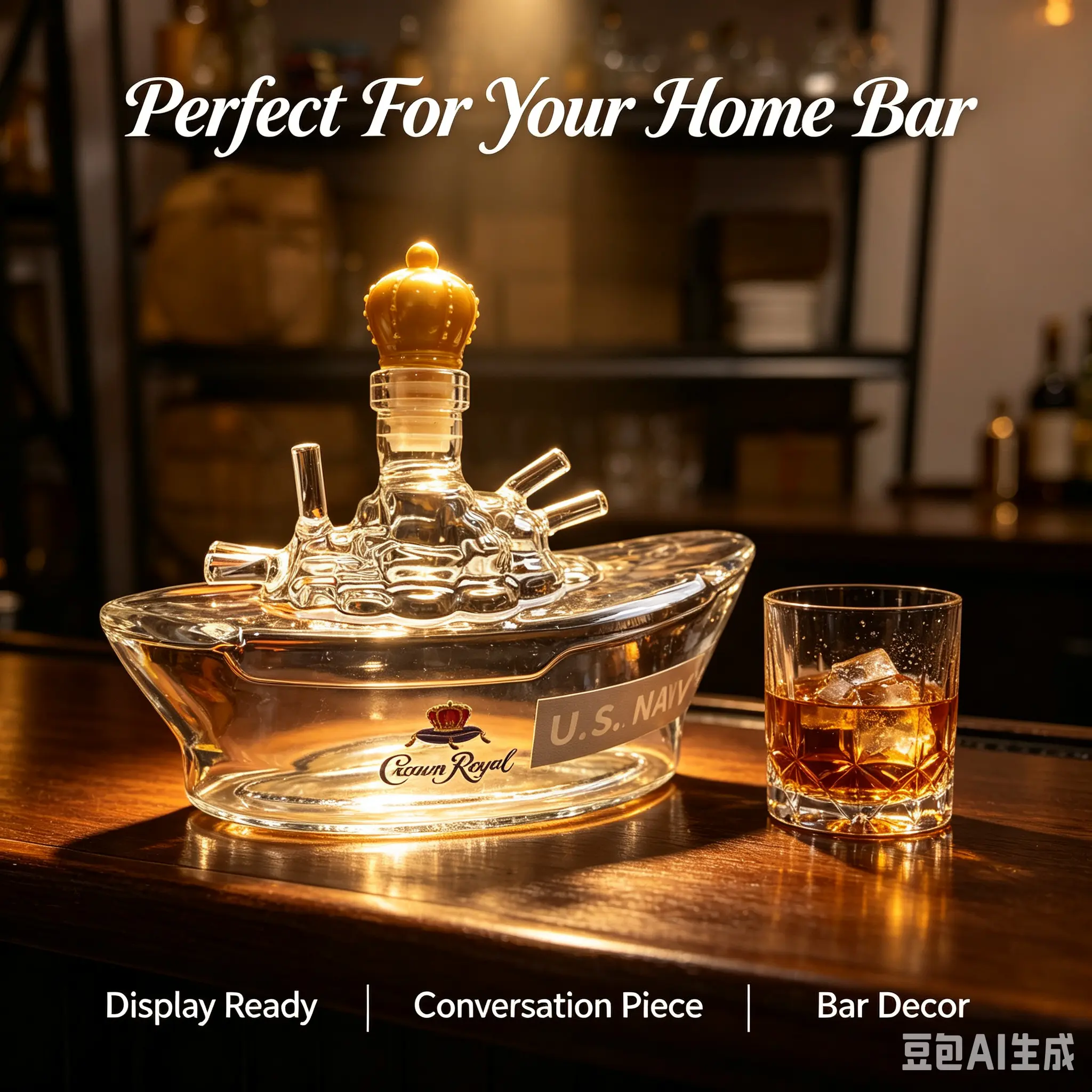 U.S. Navy Sea Lord Battleship Figurine Whiskey Bottle 350ml Clear Acrylic Empty Wine Decanter with Tapered Cork Stopper, Military Warship Sculpture Decor, Gift for Veteran Sailor Bar Man Cave Collectible