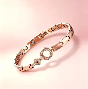 Women's Chic Magnetic Bracelet, Rose Gold Pure Copper Link Bangle with Crystal Inlay and 3500 Gauss Effective Magnets, Adjustable Stackable Jewelry