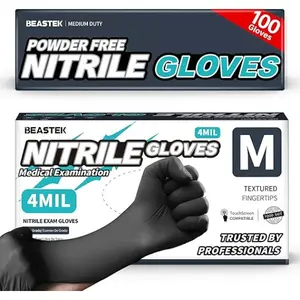 Beastek Black Disposable Nitrile Exam Gloves 100 Pcs 4Mil Chemical Resistant Powder-Free Latex-Free Food Safe Medical Cooking