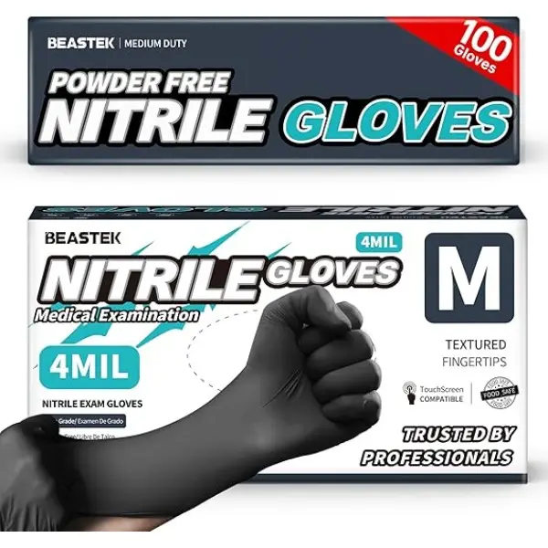 Beastek Black Disposable Nitrile Exam Gloves, 4Mil Thick, 100-Pack, Powder-Free, Latex-Free, Allergy-Safe, Chemical-Resistant, Food-Safe for Medical/Cooking, Cleaning