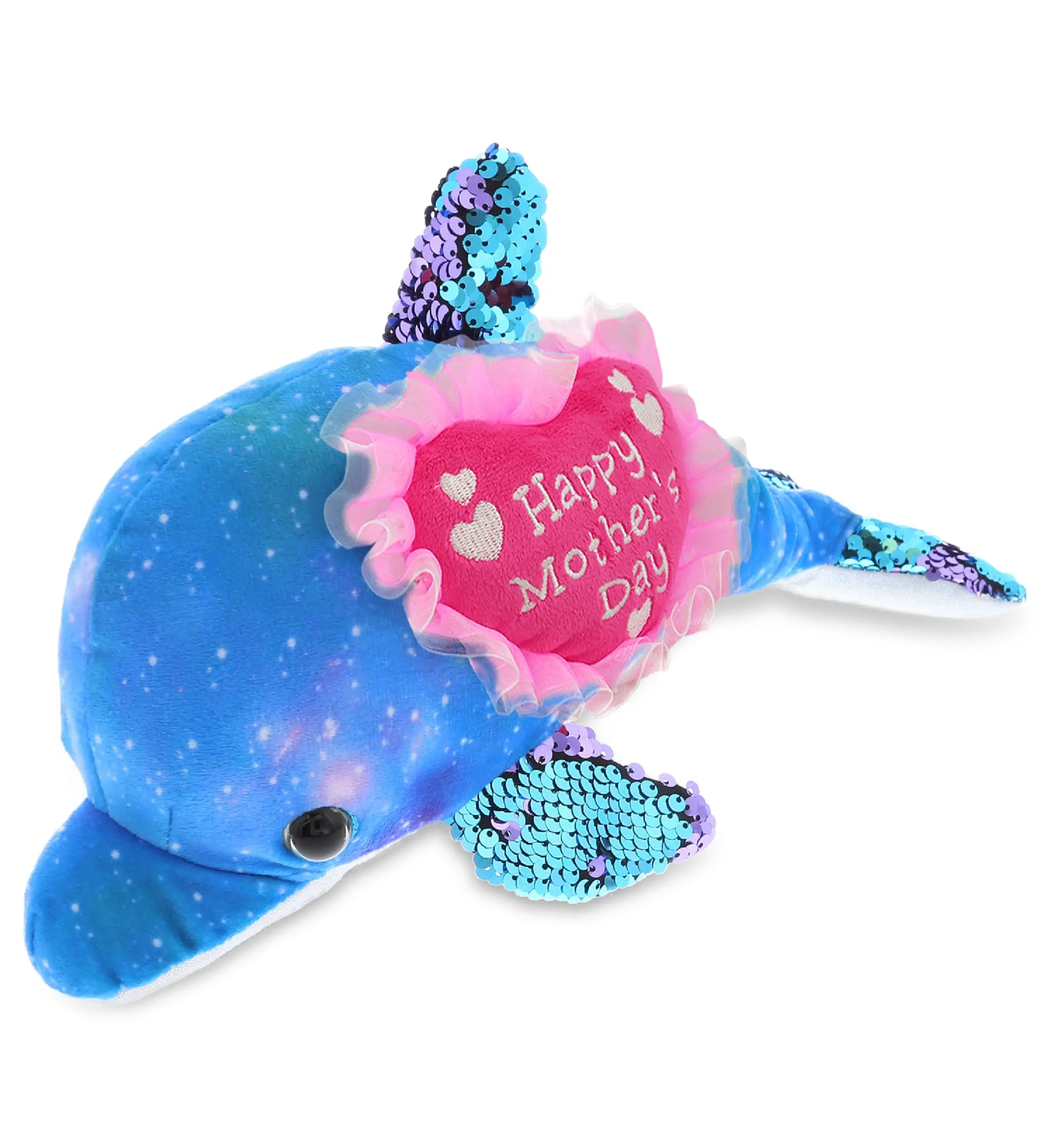 DOLLIBU 12-in Embroidered Sea Life Stuffed Dolphin Toy - 1 Dollibu Space Sequin Plush Purple Dolphin, 12"x7.5"x5.5" Polyester Fabric Toy, Unisex, Heart Accent, Ideal Mother's Day Gift with Message Option, Embroidery