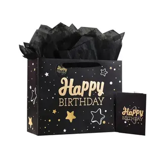 1PC  elegant black "Happy Birthday" gift bag with Gold Star design, includes tissue paper and greeting card - ideal for male and female birthday celebrations, medium, birthday ornament