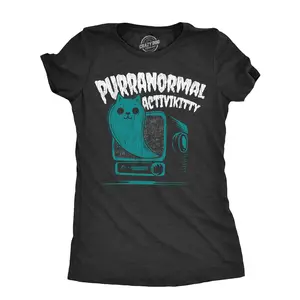 Womens Purranormal Activikitty T Shirt Funny Spooky Halloween Ghost Kitten Lovers Joke Tee for Ladies Funny Womens T Shirts Cute Vintage Fashion Casual Ladies T-Shirt Gift Halloween Tops for Women Funny Cat Top Black -