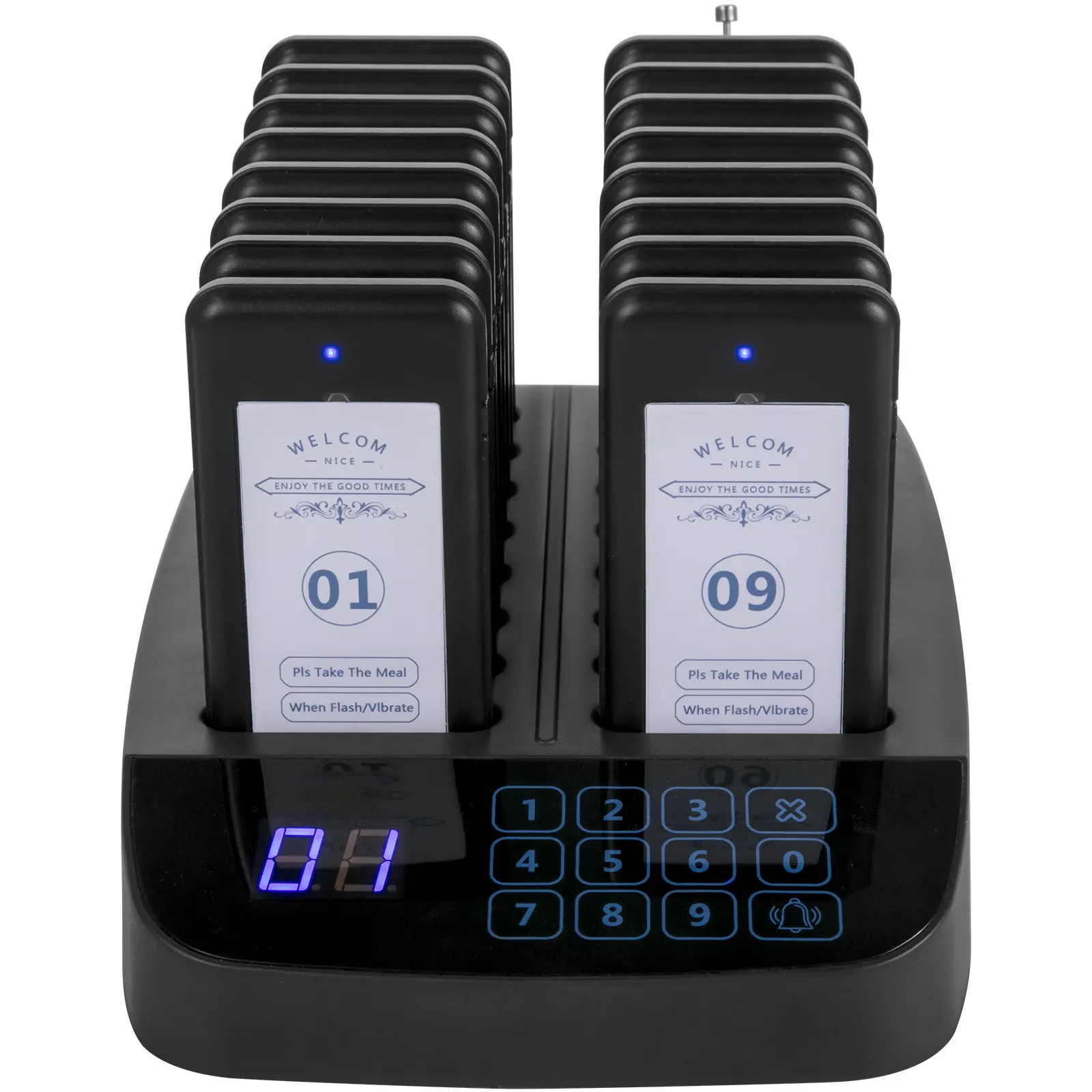 F101 Wireless Call Restaurant Pager System - 16 Pagers, Touch Keyboard, Rechargeable Battery, Built-in Antenna, Dual Vibration/Flashing/Buzzer Modes, Wireless System for Hospital Staff, Church