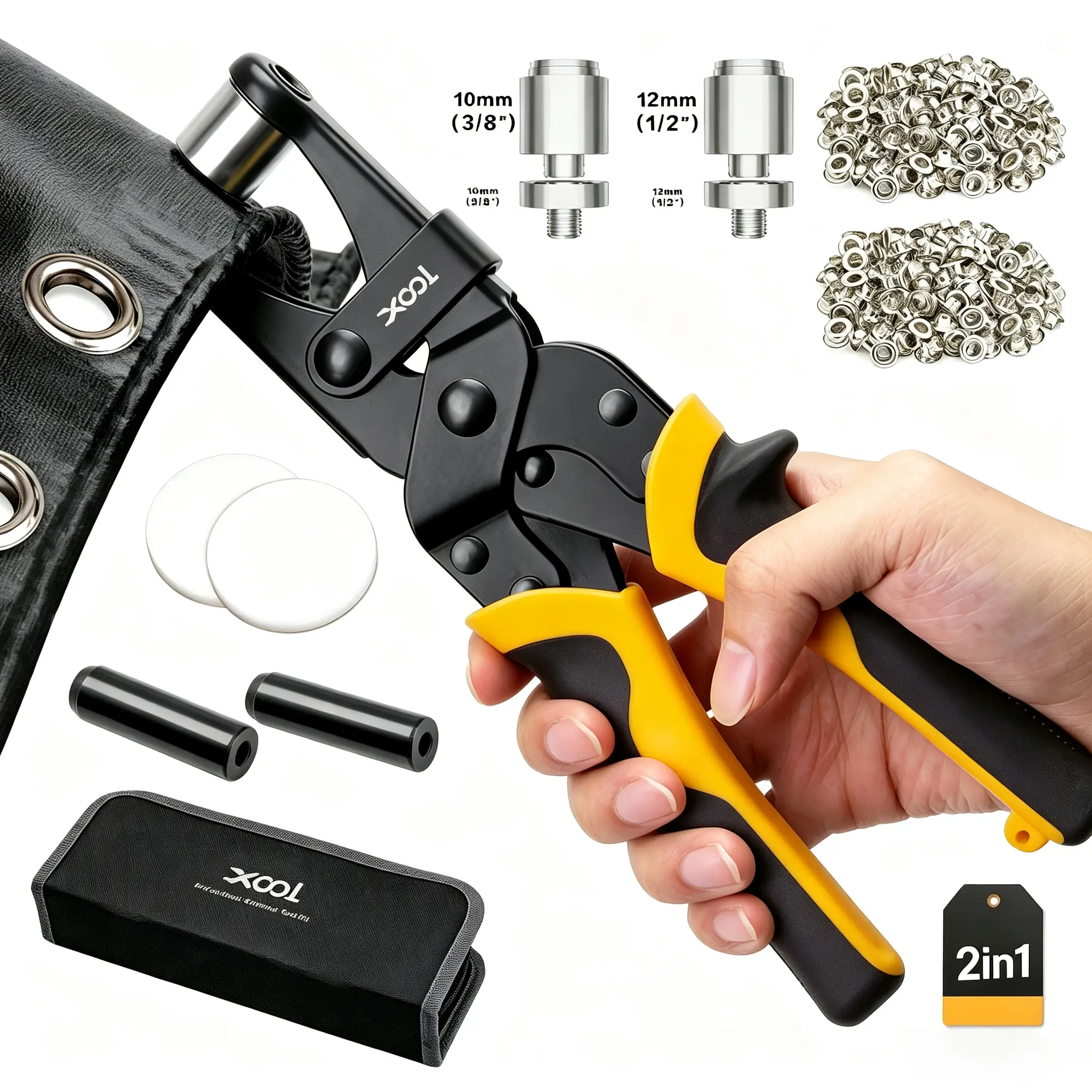XOOL Carbon Steel 2-in-1 Grommet Tool Kit, Tool-Free Quick-Change 2 Head Sizes (3/8" 10mm & 1/2" 12mm), Magnetic Tip Positioning, 400 Grommets+Washers for Tarps&Leather, Heavy Duty with Magnetic Positioning