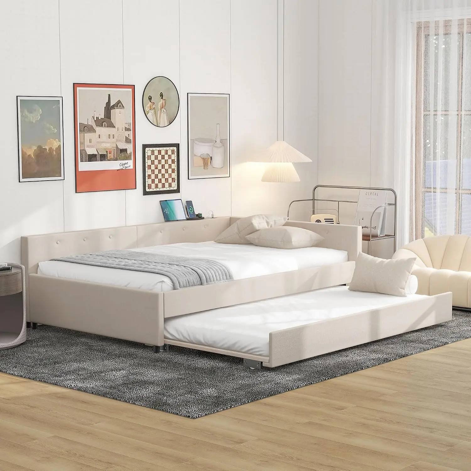 Queen/Full Size Linen Upholstered Platform Bed with USB Ports & Twin Trundle, Modern Wooden Bed Frame with Wood Slats, No Box Spring Needed, Ideal for Apartment & Dorm, Beige