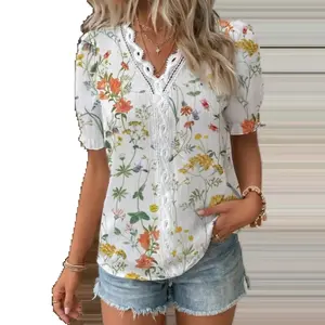 Women’s V Neck Lace Crochet Blouses Summer Short Puff Sleeve Floral Print Tops Casual Dressy Boho Tunic Shirts Elegant Feminine