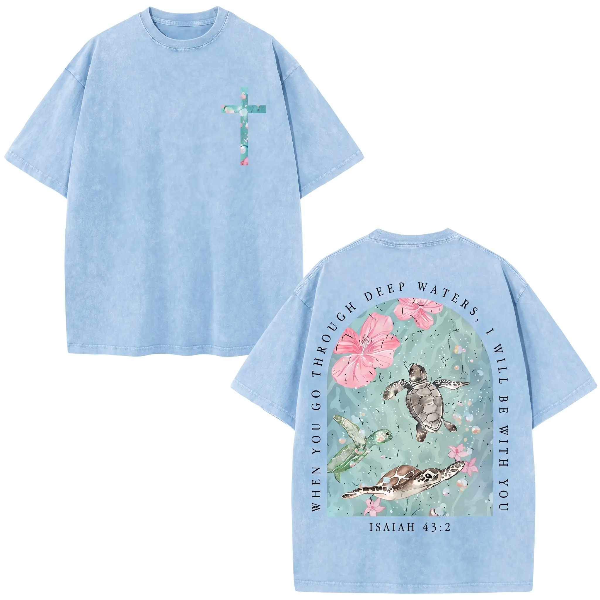 Men's Vintage Washed Pure Cotton T-Shirt - Oversized Streetwear Tee with Sea Turtle & Text Print ("I Will Be with You"), Loose Fit Casual Shirt, Machine Washable Soft Daily Wear