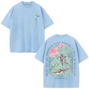 Men's Vintage Washed Pure Cotton T-Shirt - Oversized Streetwear Tee with Sea Turtle & Text Print ("I Will Be with You"), Loose Fit Casual Shirt, Machine Washable Soft Daily Wear