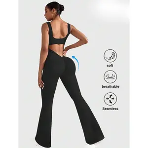 Womens Flare Jumpsuits One Piece Seamless Butt Scrunch Workout Romper Square Neck Backless Wide Leg Unitard Fall Women Outfits