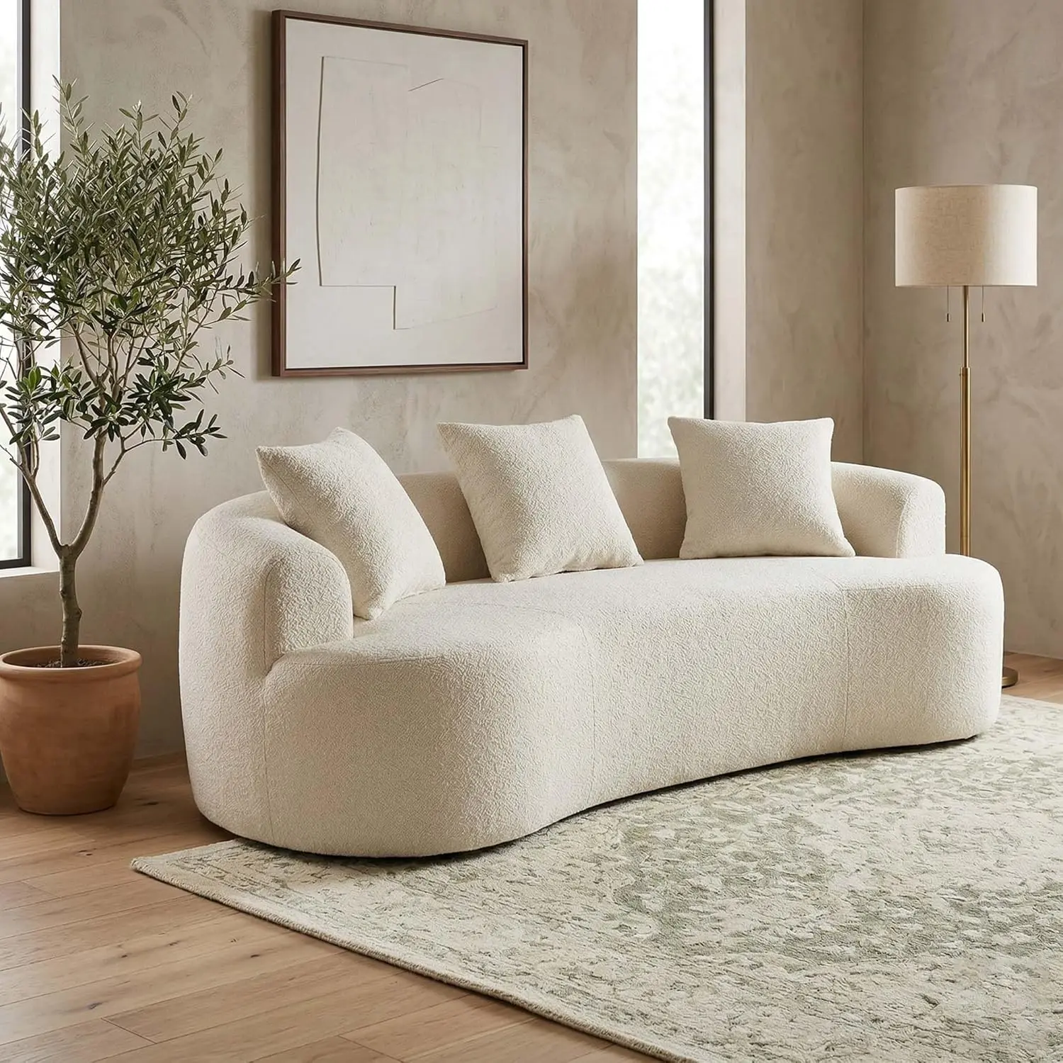 Luxury 80” Curved Loveseat Sofa, Chenille Curved Couch with 2 Big Pillows & Extra Wide Armrests, Comfy Upholstered Oversized Loveseat Couch & Sofa for Living Room (Beige, 80 Inches)