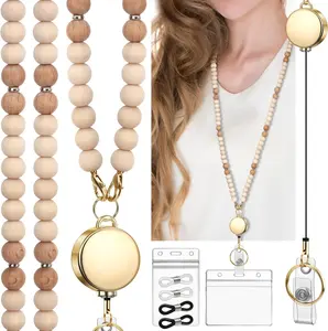 Teacher Lanyard with Id Holder, Cute Lanyards for Id Badges , Retractable  Wooden Beaded Lanyard for Women, Stylish