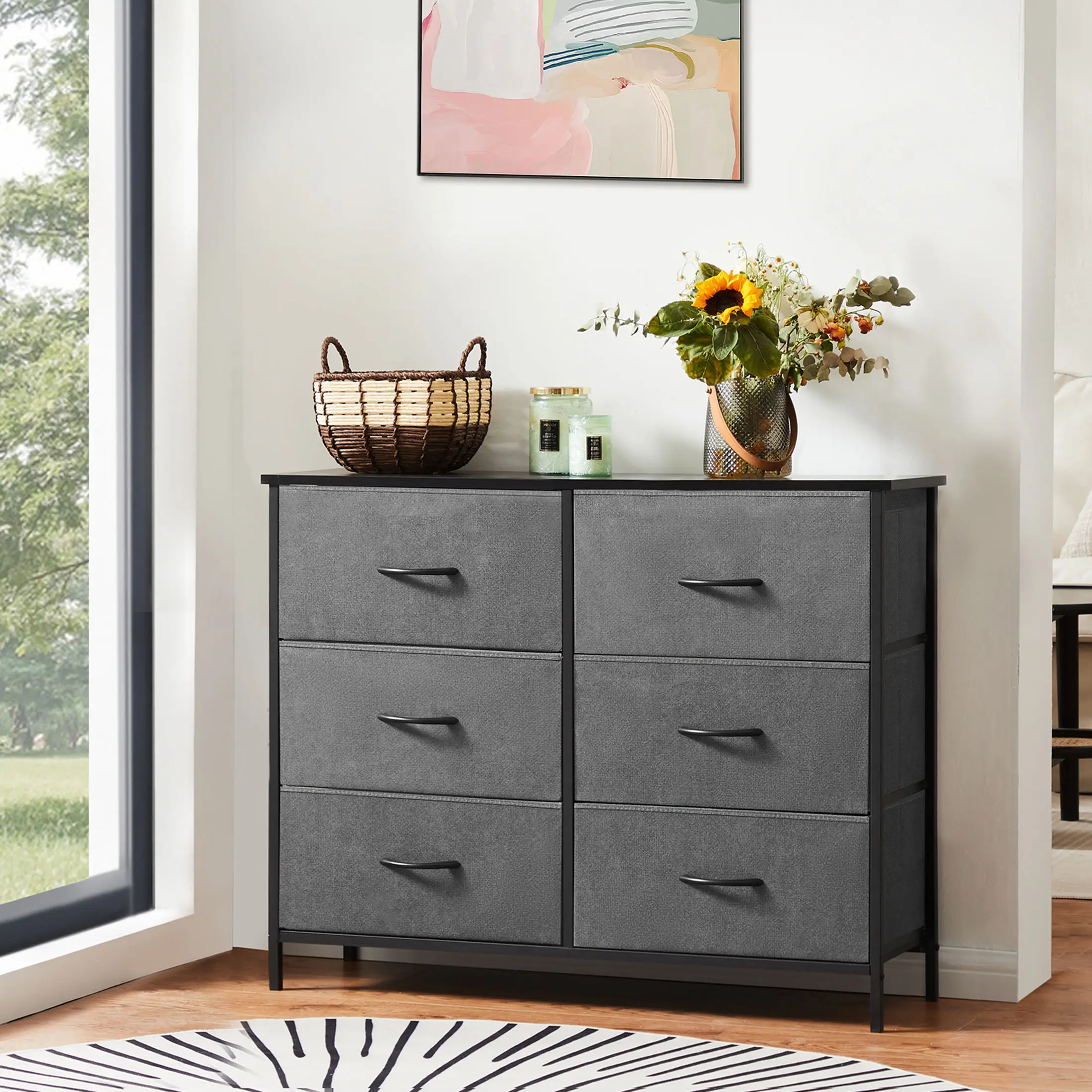 6-Drawer Fabric Dresser with Wooden Top - Tall Adjustable Storage Tower, 66 lbs Capacity, Anti-Tip Kit Included, Space-Saving Cabinet for Bedroom, Kids Room, Entryway Clothes, Toys, Accessories, Essentials, Nursery