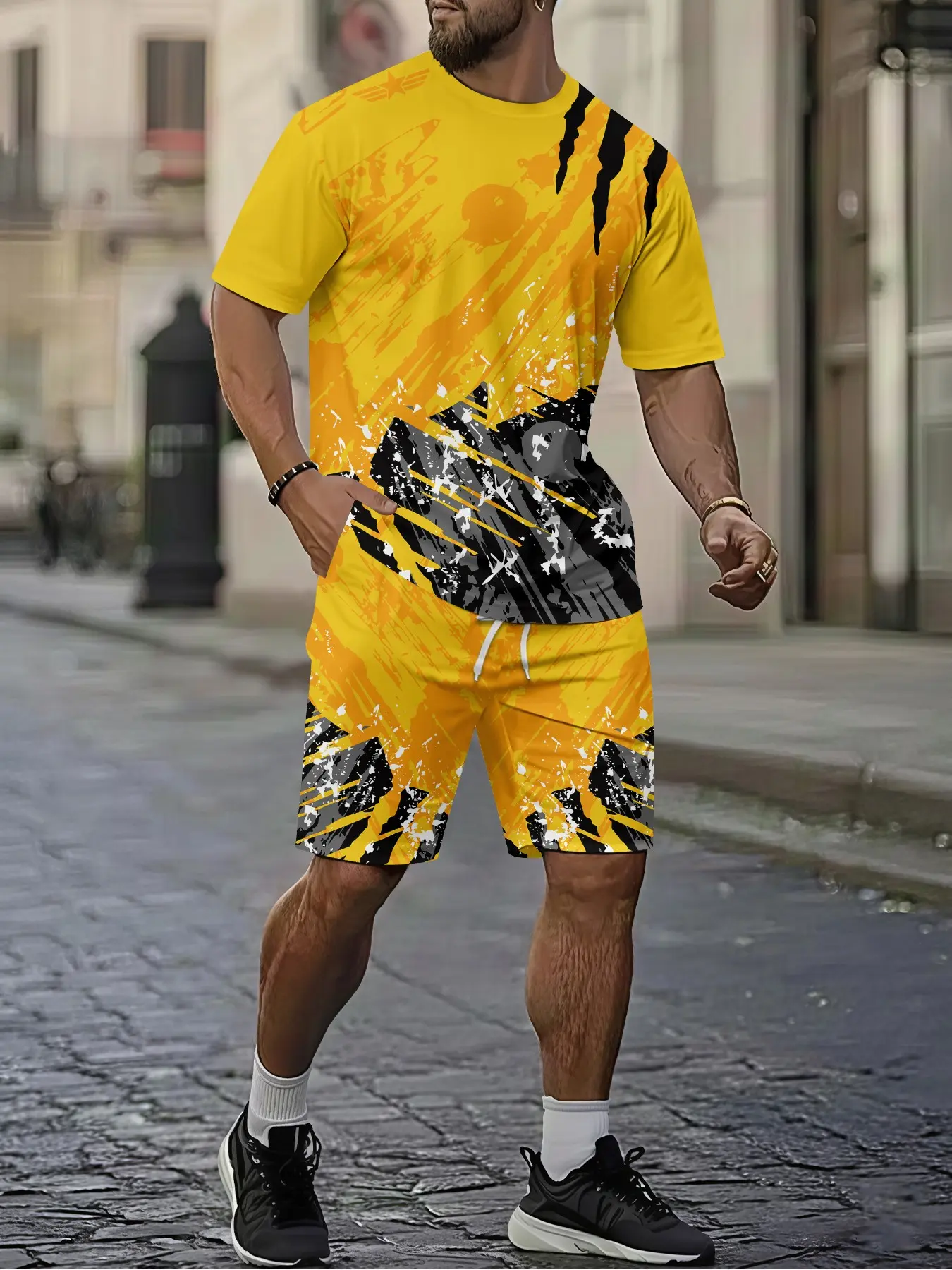 Yellow and black claw marks splash-ink Splatter 3D digital printed two-piece set, 2Pcs, trendy and fashionable set, trendy retro casual two-piece set, vacation-style trendy outfit, breathable sporty casual style, a perfect holiday gift for men