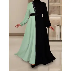 Ramadan Color Block Long Sleeve Kaftan Dress, Elegant Mock Neck Maxi Length Dress, Women's Clothing