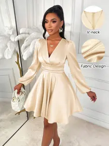 Elegant Vintage Solid Color Dress, V Neck Back Zipper Pleated Waist Long Sleeve a Line, Perfect for Parties, Dates, Daily Wear