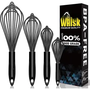 4 count  Whisks Set, Wire Balloon Whisks Egg Beater, Non-slip Handle Whisk for Non-stick Cookware  for Cooking, Stirring, Beating and Blending (Black)