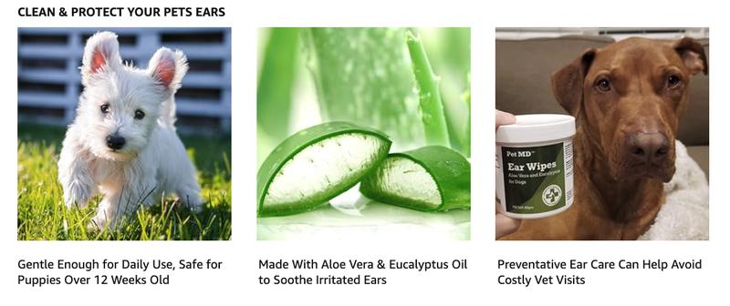 Pet MD Dog Ear Cleaning Wipes - Otic Cleanser for Dogs to Stop Ear Itching - Aloe and Eucalyptus - 100 ct