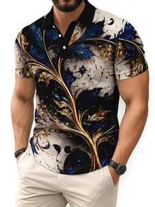 Men's Luxury Blue Gold Baroque Floral Print Pattern Polo Shirt, Casual Fitted Style, Comfortable Daily Wear, Perfect for Spring & Fall