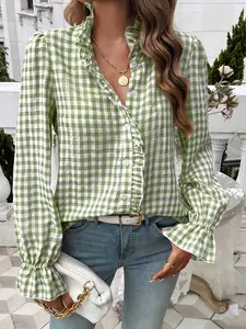 ZAFUL Women's Stylish Long Sleeve Gingham Button-Shirt Light Blue & White Checkered Pattern Ruffle Detail Professional Business Look Machine Washable cosa nuestra tour outfits plus size summer outfit going outfits going tops