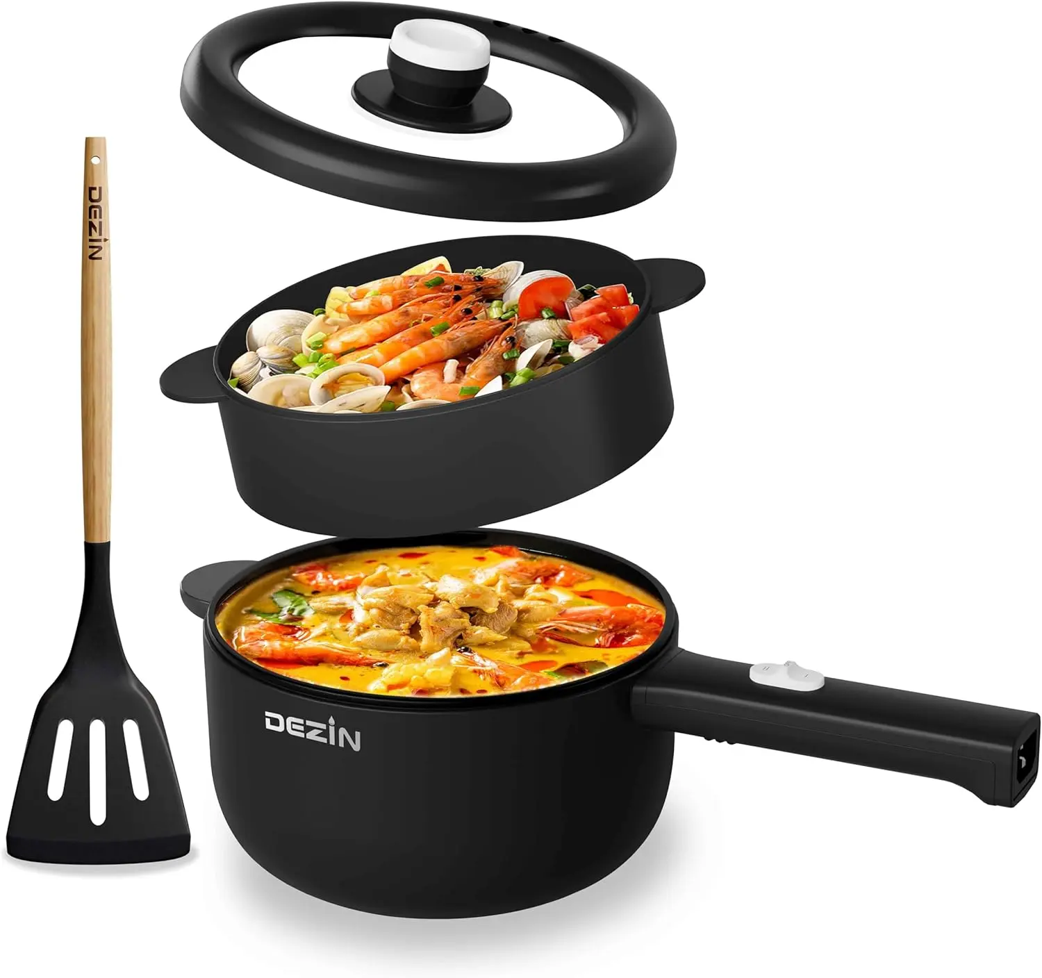 Dezin 2L Non-Stick Electric Hot Pot, 700W Adjustable Power Electric Pan with Spatula, Portable for Dorm/RV, Ideal for Cooking Steak/Ramen