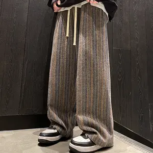 Men's pants, suitable for all seasons, striped casual straight-leg trousers, loose fit, plus sizes, drawstring design