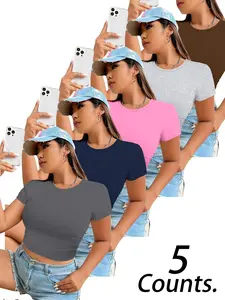 5 Pieces Cropped T-shirt Women，Solid Color Plain Round Neck Women's Short-Sleeve T-shirt Tops,Women's Breathable Thin  TikTok Trending Cropped  T-shirt Women