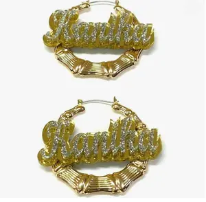 Personalized Custom Gold/Silver Hoop Bamboo Earrings Name Plate Laser Cut Design Stunning Look - Quality, Attractive Gold/Silver Bamboo Earrings, Made To Order 1.5-3.5 INCHES sizes