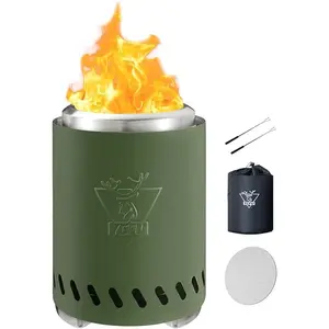 Tabletop Fire Pit Low Smoke Camping Stove for Outdoor Patio, Safe Clean Burning Table Top Firepit using Pellets or Wood, Portable Mini Flame Heater with Travel Bag, 2 Mini Sticks and Fireproof Mat for Ambience and Relaxation (9.7 x 7.1 in Green)