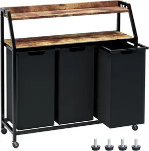 3-Section Rolling Laundry Hamper with Shelves, Pull-Out Laundry Sorter Cart with Removable Fabric Bags & Wheels for Laundry Room, Bedroom & Bathroom, Black and Rustic Brown