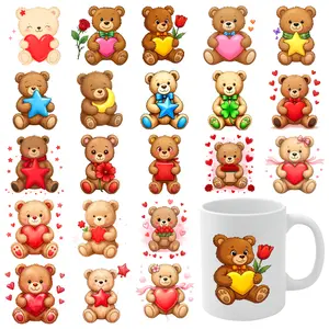 21 Pcs Teddy Bear UV DTF Stickers for 16 oz Tumbler Mug Decoration Gift Glass DTF Transfer Stickers Plastic Self-Adhesive Labels DIY Water Bottle Glass