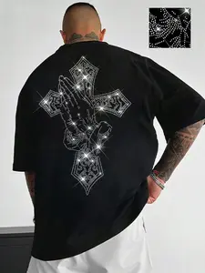 Men's Casual Short Sleeve T-Shirt, Back Sparkle Cross Pendant, Elegant Rhinestone Details, Comfortable Durable Fabric, Fashion Versatile