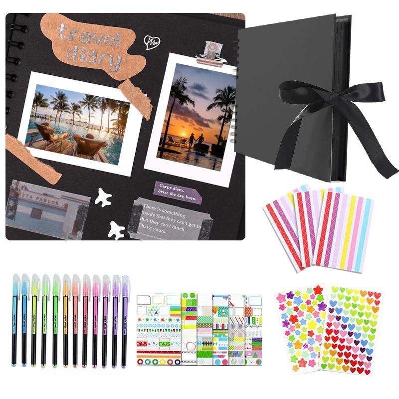 1Set 80 Pages Black Kraft Paper DIY Handmade Album Scrapbook, 11x8 Inches Large Scrapbook Photo Album with DIY Accessories Kit for Anniversary Wedding Graduation Travel Love Memory