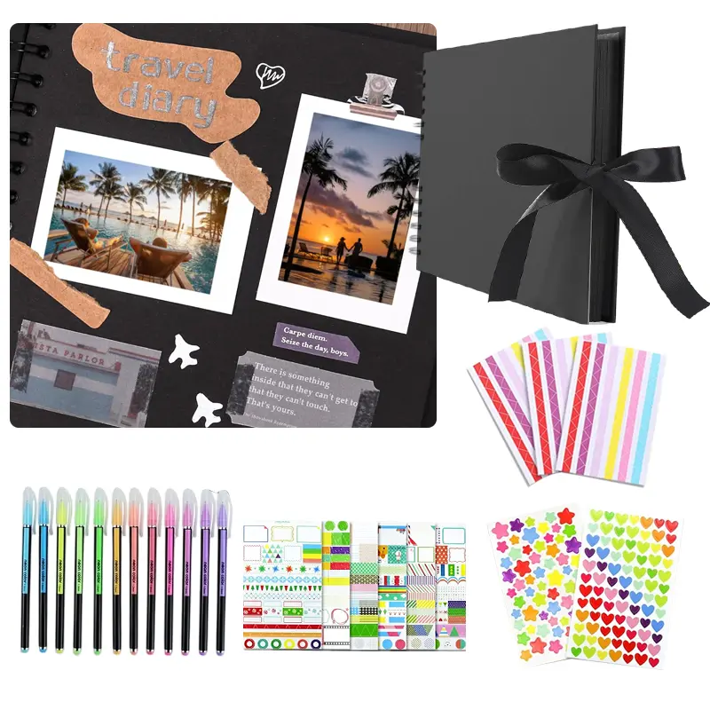 1Set 80 Pages Black Kraft Paper DIY Handmade Album Scrapbook, 11x8 Inches Large Scrapbook Photo Album with DIY Accessories Kit for Anniversary Wedding Graduation Travel Love Memory