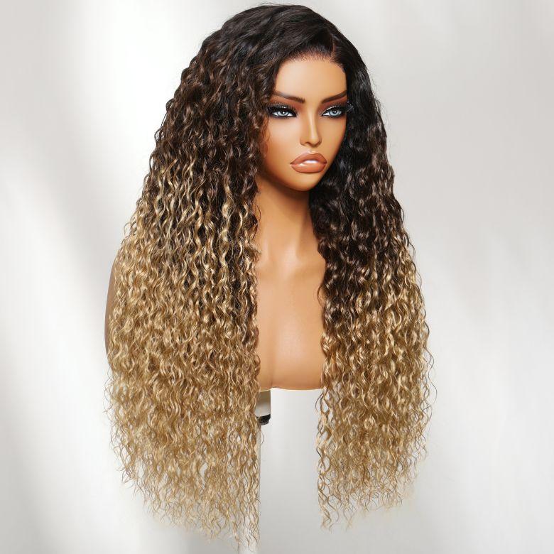 【LIVE NEW IN】Nadula 20'' Three-Tone Ombre Natural Black to Brown to Blonde Water Wave Wig 7x5 Lace Closure Human Hair Wigs with Drawstring Narural Hairline Beginners Friendly Put On and Go
