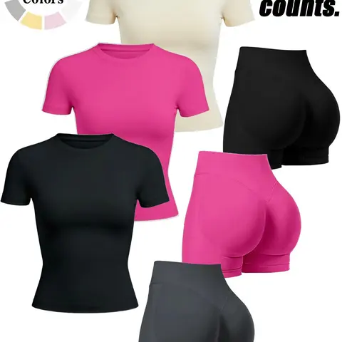 Women's Seamless Top & High-Waisted High Stretch Sporty Shorts Set, Solid Color Activewear Look for Fitness & Daily Wear