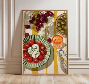 Food Still Life Unframe Poster, Mediterranean Kitchen Wall Art Print, Food Still Life Poster, Colorful Dining Room Artwork, Fruit and Salad Illustration
