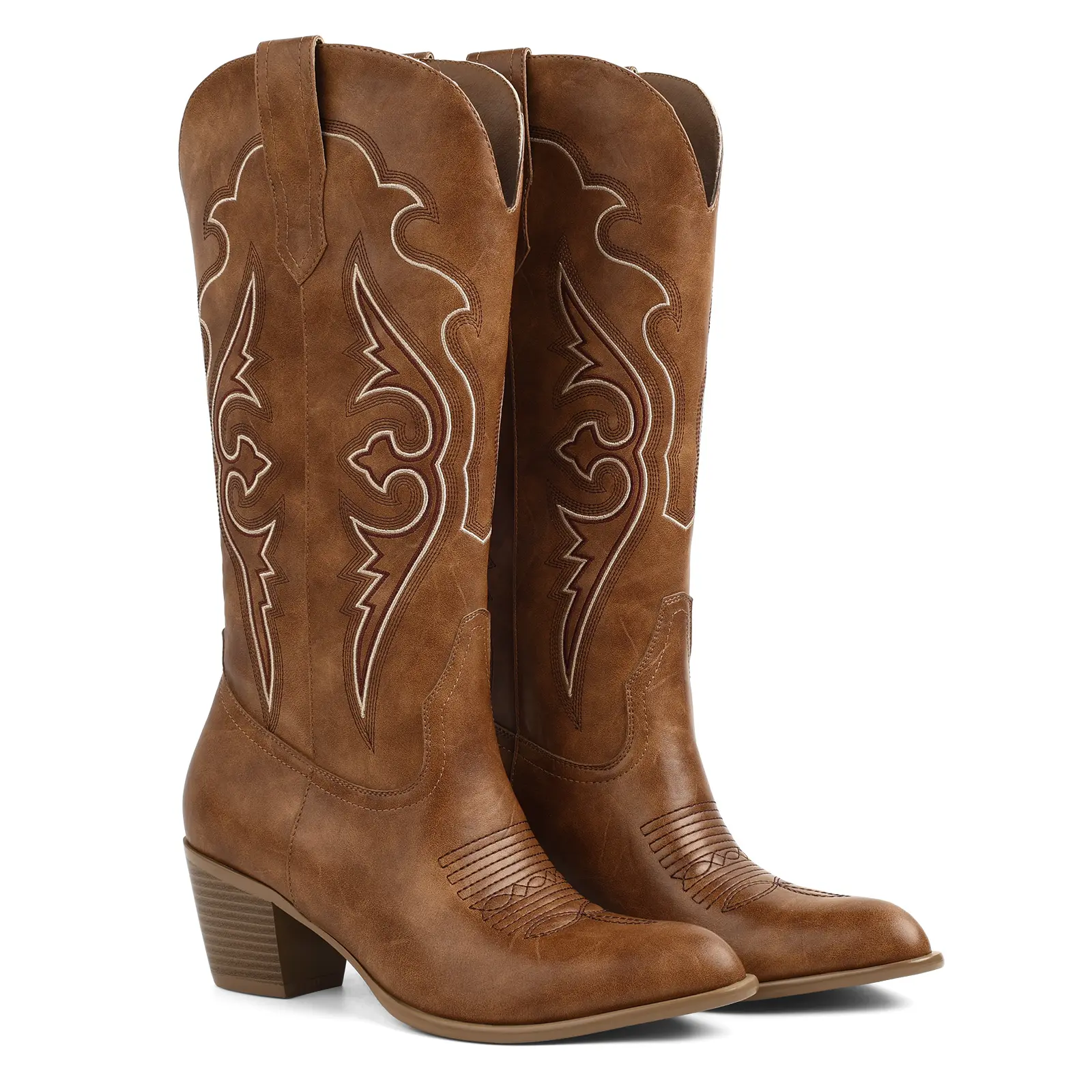 Women's Retro Embroidered Classic Western Cowboy Boots - Chunky Heel, Mid Calf, Comfortable Daily Country Footwear, Vintage Cowboy Boot Shoe, Western Leather Boot