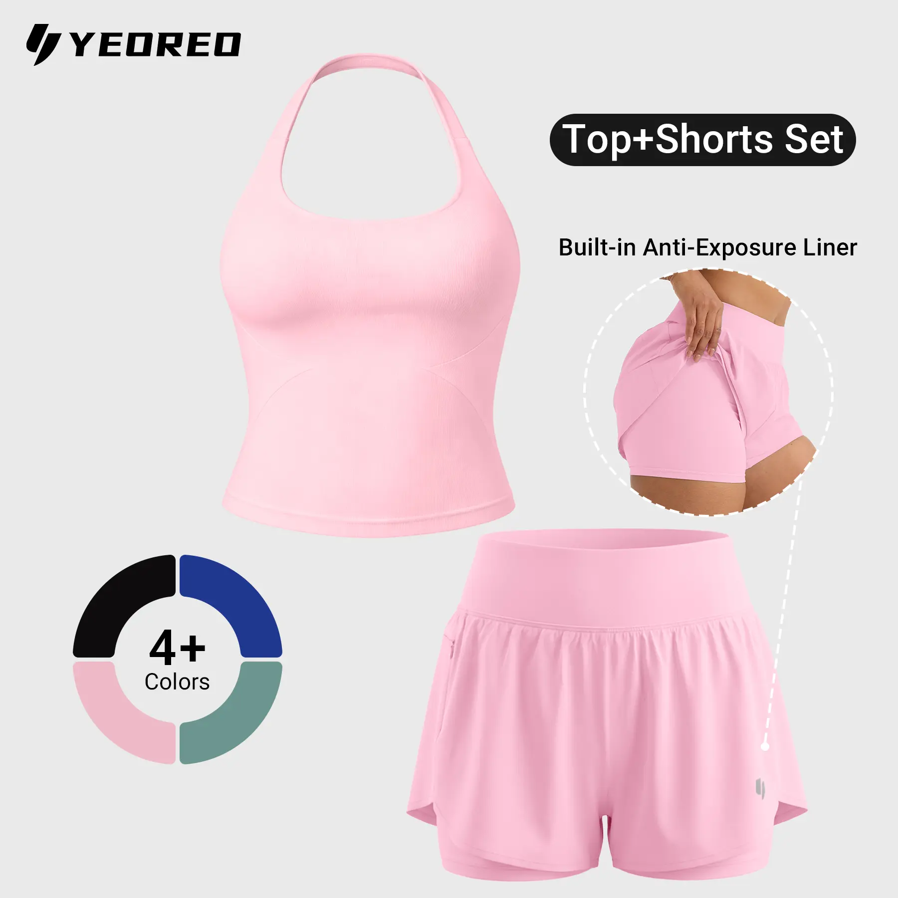 YEOREO SoftHue Backless Halter Neck Sleeveless Top & 2-in-1 Shorts Set - Firm Support, Quick-Dry Fabric, Sohochic Sports Clothing Set, Backless Top, Zippered Pockets