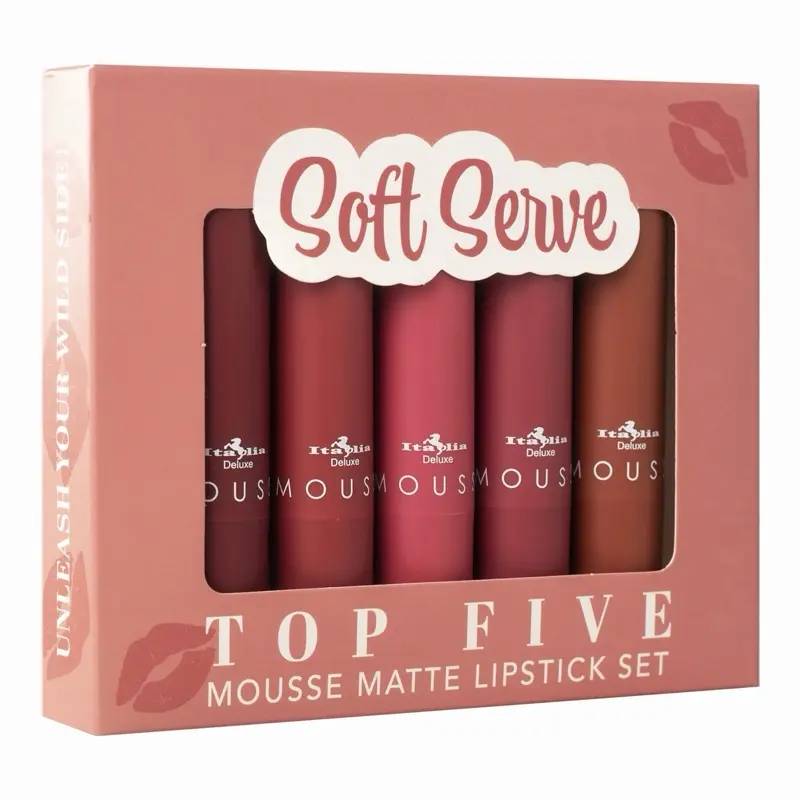 Italia Deluxe 5-Piece (5 Pack) Soft Serve Mousse Finish Lipstick Set - Long-Lasting, Assorted Lip Colour, Lightweight Smooth Makeup Products for All Skin Types