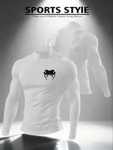 Men's High Neck Long Sleeve Slim Fit Thermal Top, Casual Letter Pattern, Summer Wear, Moderate Fabric Thickness, H Type Silhouette, Thermal Menswear