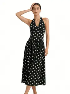 Women's Polka Dot Backless Halter Dress, Boho Sleeveless Tie Back Adjustable Bodycon, Beach Vacation Fashion, All Seasons