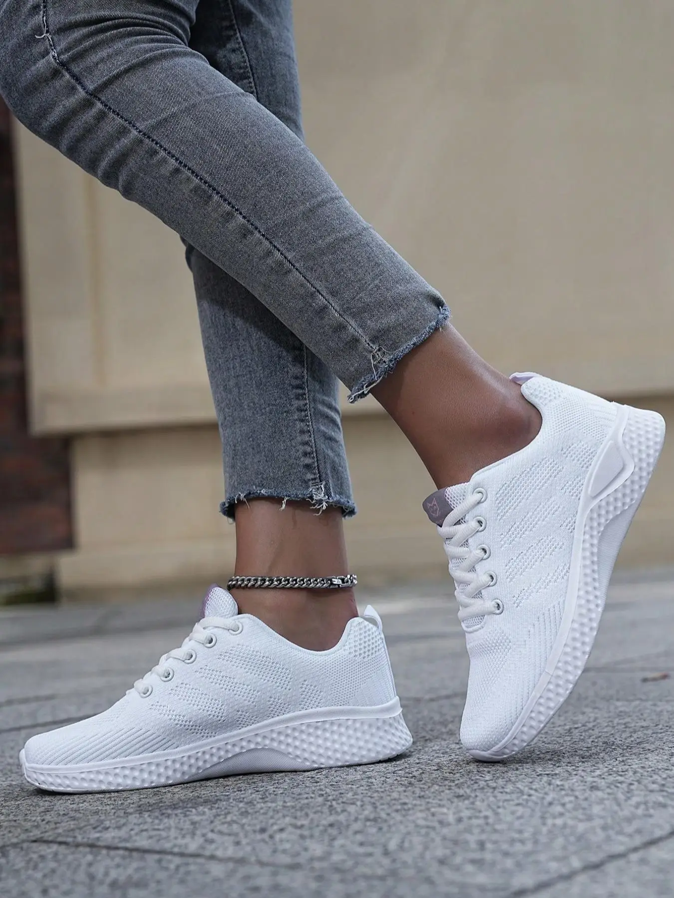 Women's Simple Plain Lace-up Low Top Soft Sole Sneakers, Casual Knit Fabric Breathable Comfortable Sports Walking Shoes, Outdoor Sports Training Runni